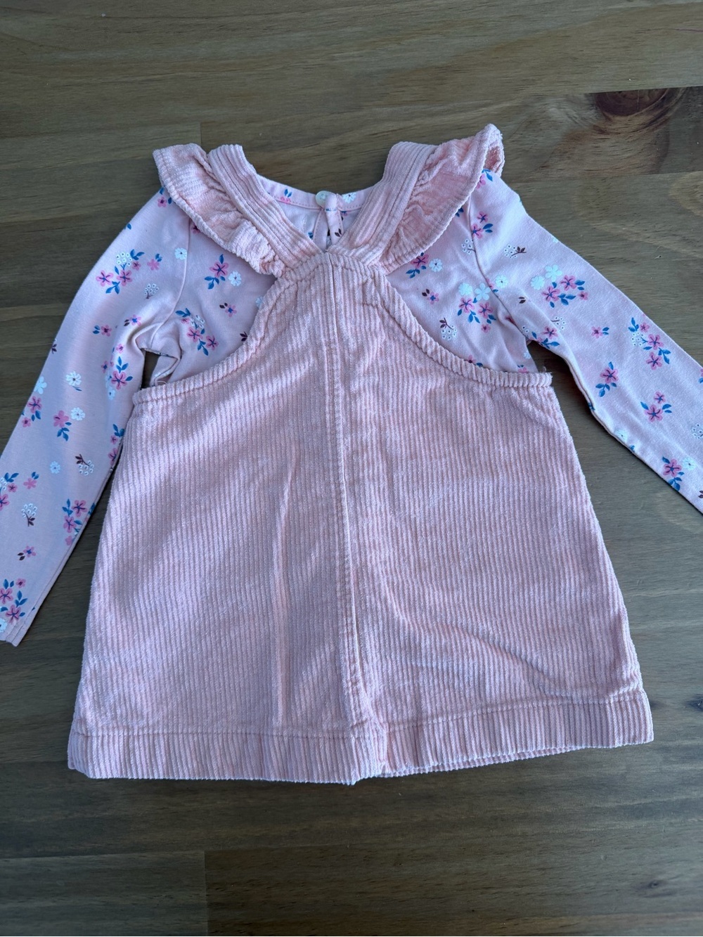Pink Corduroy Button-Front Pinafore Dress with Floral Long-Sleeve Top 12/18M - Picture 3 of 10